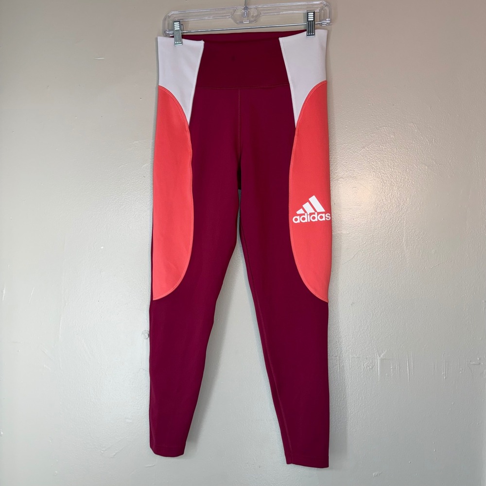 Adidas Aeroready Women Colorblock Training Leggings Burgundy Coral White Size M